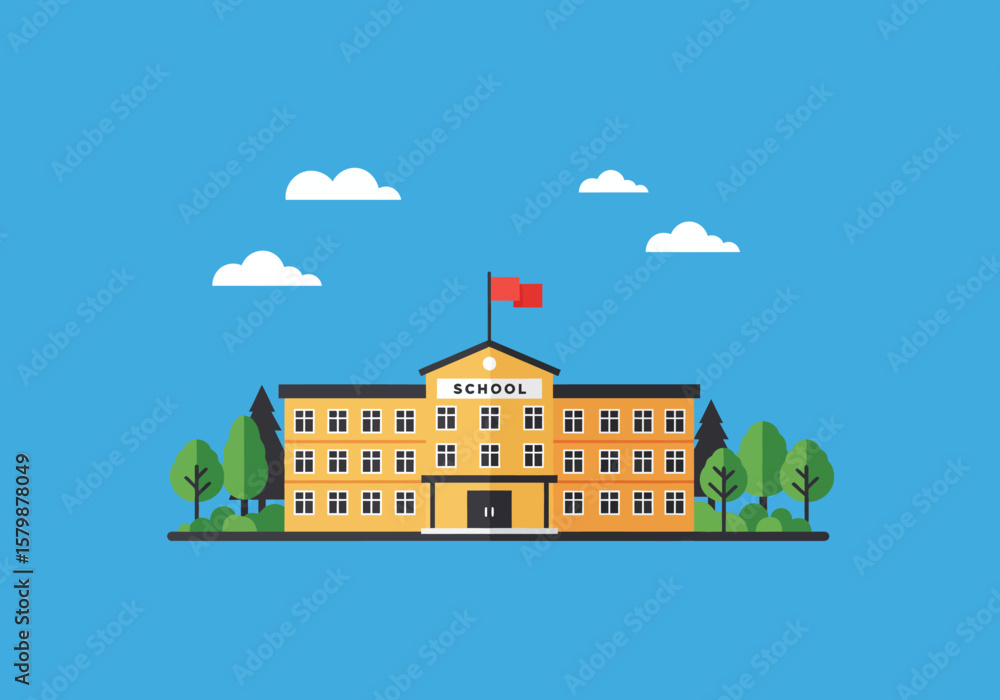 Naklejka premium School Building Flat Vector Illustration with Blue Sky and Clouds for Education and Learning Resources
