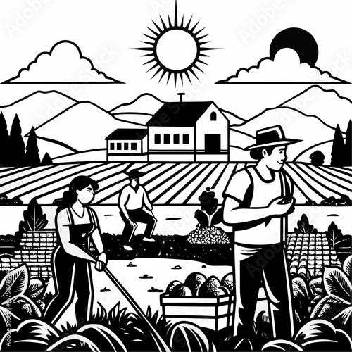 Diverse farm workers diligently harvesting fresh vegetables in a sunny field isolated on white background