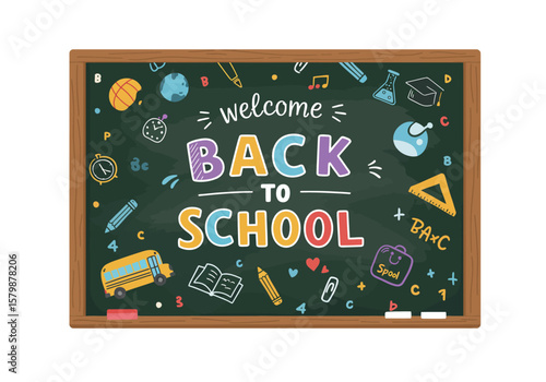 Vibrant Back to School Illustration Chalkboard Welcome and Educational Icons for Students