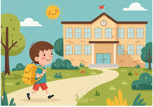 Cheerful Young Student Heading to School with Sunshine, Trees, and a Welcoming Building