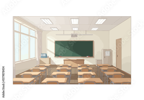 Classroom Interior Clean, Empty School Setting with Desk Rows and Chalkboard for Learning