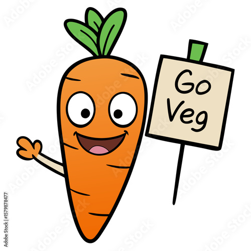 Happy cartoon carrot character holding a go veg sign isolated on white background