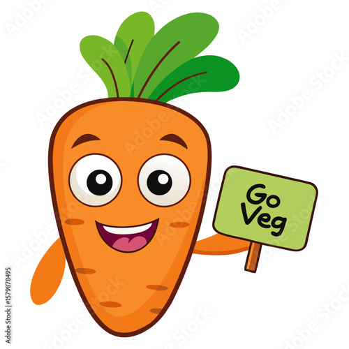 Happy cartoon carrot character promoting a healthy lifestyle with a go veg sign isolated on white background