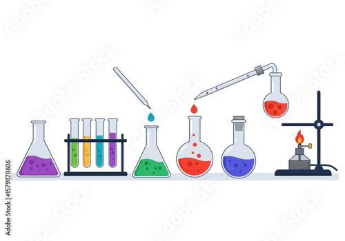 Scientific Chemistry Lab Setup with Colorful Liquids and Apparatus, Illustration for Education and Research