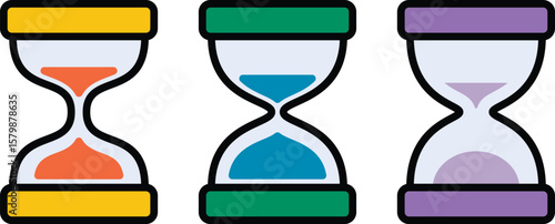 Colorful hourglass icon set with bold black outline and various sand colors for digital dashboards and infographic tools
