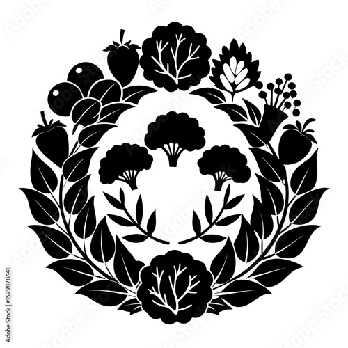 Healthy vegetable wreath with broccoli carrots and leeks isolated on white background