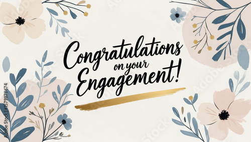 Wallpaper Mural engagement card in pastel tones, delicate minimal floral motifs in beige and dusty blue, bold gold paintbrush stroke with big handwritten script "Congratulations on your engagement!" Torontodigital.ca