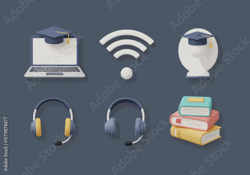 Online Education Concept Icons Set, Featuring Laptop, WiFi, Headset, and Books on a Dark Grey Background