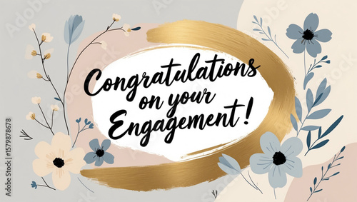 Wallpaper Mural engagement card in pastel tones, delicate minimal floral motifs in beige and dusty blue, bold gold paintbrush stroke with big handwritten script "Congratulations on your engagement!" Torontodigital.ca