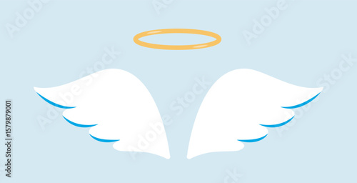 White angel wings and golden halo in minimalist graphic style on a blue background, symbolizing purity, divinity, and spirituality. Vector illustration