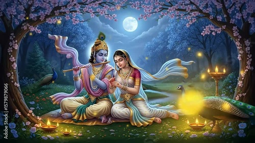 Serene janmashtami divine krishna and radha in a floral frame spiritual celebration indian culture and traditional hinduism captivating art