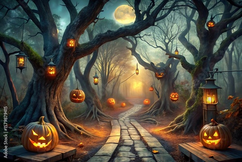 Fototapeta Naklejka Na Ścianę i Meble -  Halloween pumpkins and lanterns illuminate a spooky forest path under the full moon