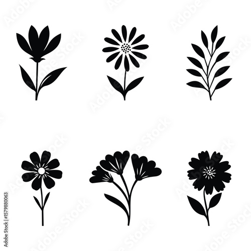 6 Flower Silhouette Vector Set