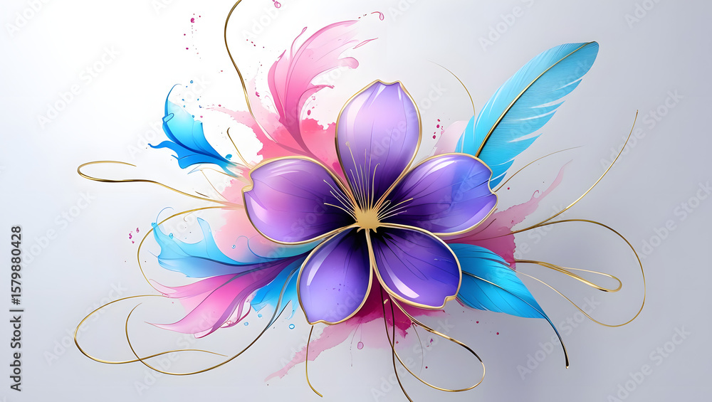 A stylized, abstract floral design with a central purple flower, featuring translucent petals and delicate gold outlines A stylized, abstract floral design with a central purple flower, featuring translucent petals and delicate gold outlines