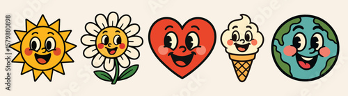 Cute cartoon icons smiling sun, daisy, heart, ice cream, and Earth, bright colors, cheerful expressions, playful design vector set element, isolated on beige.