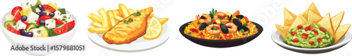 Illustrations of salad, fish and chips, seafood paella, and nachos with guacamole, vector set