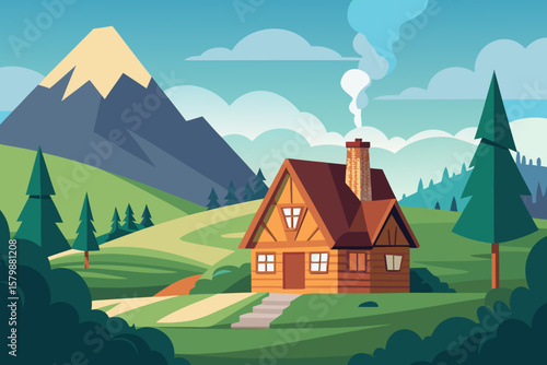 Cozy wooden cabin nestled in a serene mountain landscape with smoking chimney