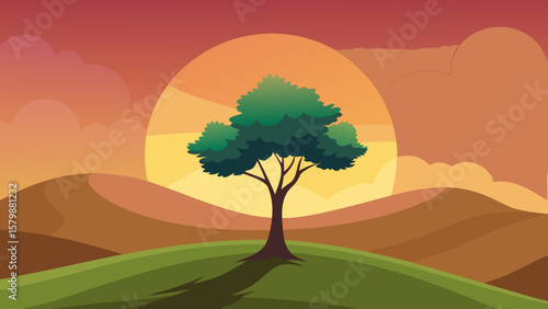 Tableau sur toile Lone tree silhouette against a warm sunset in a stylized landscape