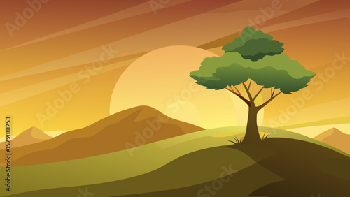Stylized landscape with a lone tree on a hill at sunset