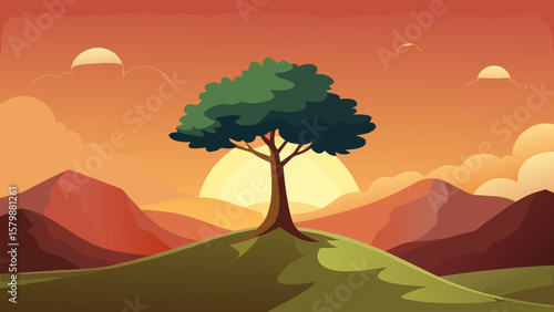 Stylized illustration of a lone tree on a hill at sunset with mountains