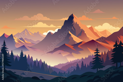 Majestic mountain range bathed in warm sunset light with silhouetted pine trees