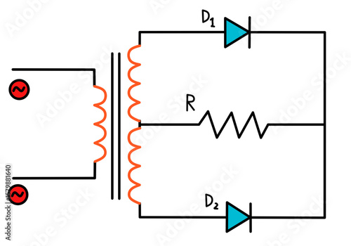 Full-wave bridge rectifier circuit converting AC to DC power output.
