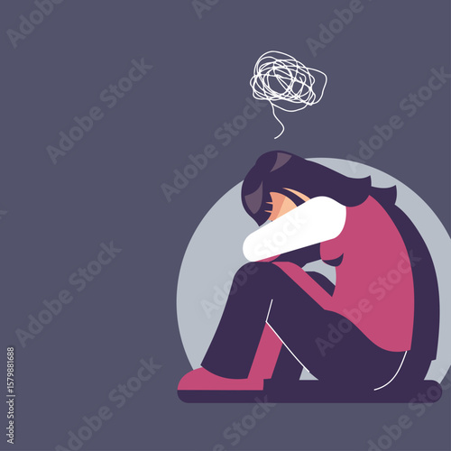 depressed girl flat design illustration. sit on the floor and hugging her knees or curl up. mental pressure concept