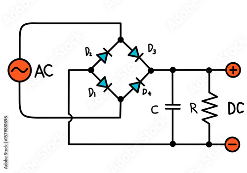 Full-wave bridge rectifier circuit converting AC to DC power output.