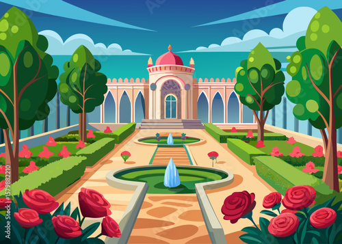 Beautifully manicured persian garden with fountains and a palace