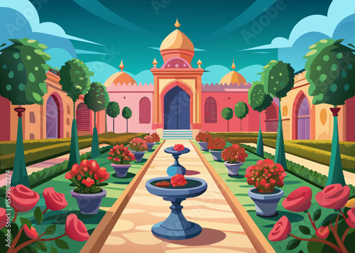 Vibrant islamic garden with blooming roses and ornate architecture
