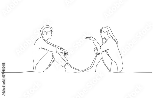 Continuous one line drawing of couple sitting face to face and talking to understand each other, conflict resolution and openness in relationship concept, single line art 