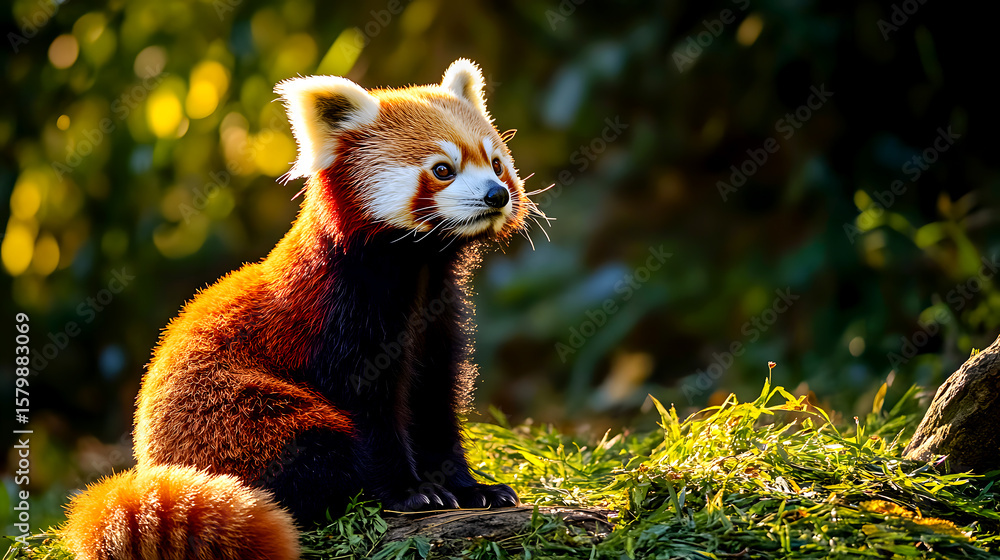 Obraz premium Red Panda Sitting Sunlight Patch