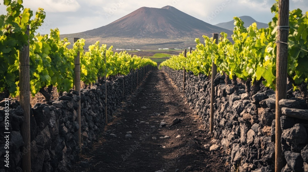 Obraz premium Vineyard rows, volcanic soil, distant volcano