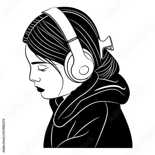 Head of a pretty sad young girl listening music in headphones. Black and white silhouette. Isolated vector illustration.