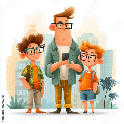 A man with glasses is holding a cell phone while two children stand behind him. Concept of family togetherness and the importance of staying connected through technology