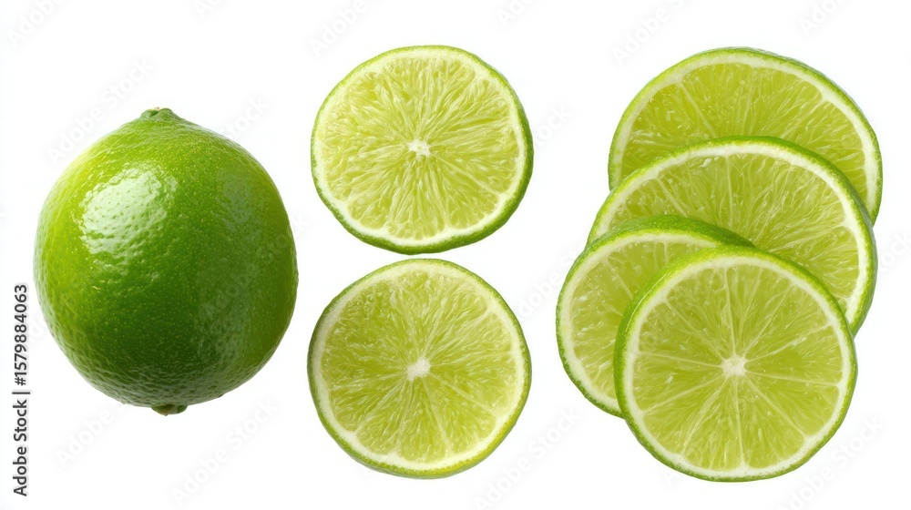 Whole green lime, one half and several thin slices arranged neatly, isolated on pure white background, juicy texture and bright color, high-resolution food image Whole green lime, one half and several thin slices arranged neatly, isolated on pure white background, juicy texture and bright color, high-resolution food image