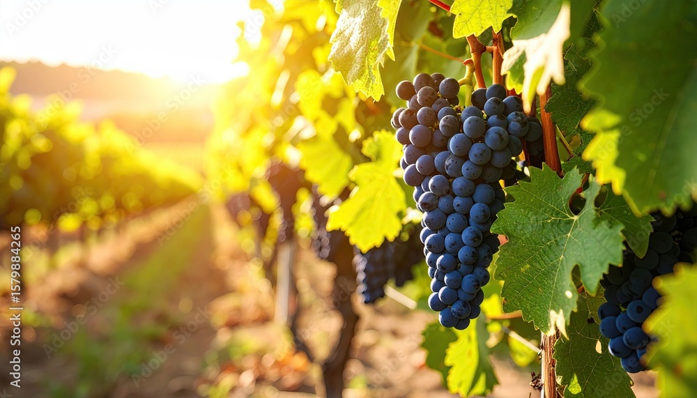 Naklejka premium Sun-drenched vineyard with bunches of grapes