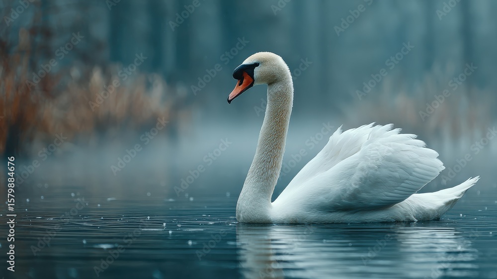 Fototapeta premium Graceful swan swimming on a misty lake, serene and elegant