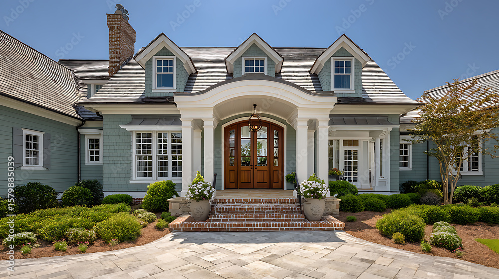 Elegant house facade with refined architectural details, embodying timeless sophistication and welcoming charm Elegant house facade with refined architectural details, embodying timeless sophistication and welcoming charm