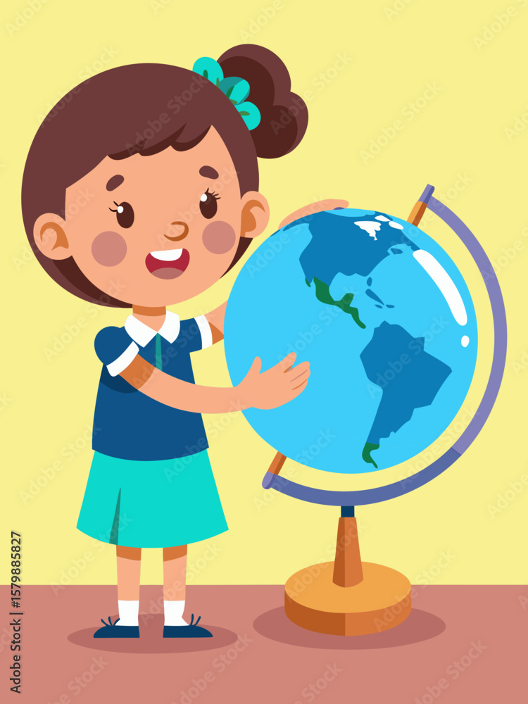 Little girl with brown hair, wearing a blue shirt and green skirt, joyfully pointing at a globe during a geography lesson, showcasing curiosity and engagement in learning Little girl with brown hair, wearing a blue shirt and green skirt, joyfully pointing at a globe during a geography lesson, showcasing curiosity and engagement in learning
