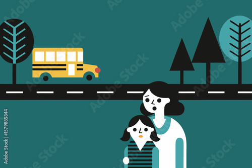 Mother and daughter stand together, anxiously watching yellow school bus approach, surrounded by trees and road, reflecting on potential dangers of school transportation