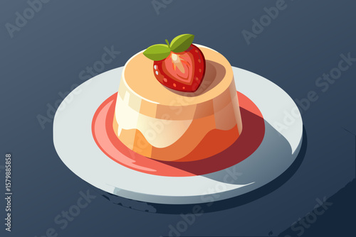Panna cotta dessert with fresh strawberry topping on a clean white plate, showcasing smooth texture and vibrant colors, perfect for culinary presentations and food photography
