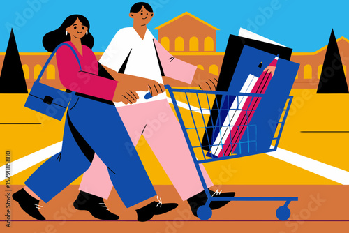 Parents pushing overloaded shopping cart filled with notebooks and pencils, walking together in a colorful outdoor setting, showcasing family shopping experience and educational supplies