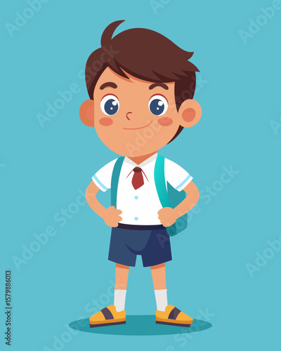 Boy in school uniform with backpack and flip-flops stands confidently, showing reluctance for school, against a bright blue background, capturing the essence of childhood emotions and school readiness