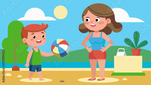 Child in bathing suit joyfully plays with colorful beach ball while mother smiles, reminding him it's time to get ready for school, capturing a playful summer moment with vibrant scenery