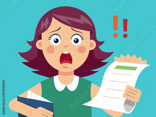 Shocked mother holds receipt while shopping for school supplies, expressing disbelief at high expenses, with vibrant background and exaggerated facial expression capturing surprise
