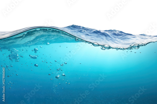 Close up of clear blue water with rising bubbles and gentle waves isolated on transparent background