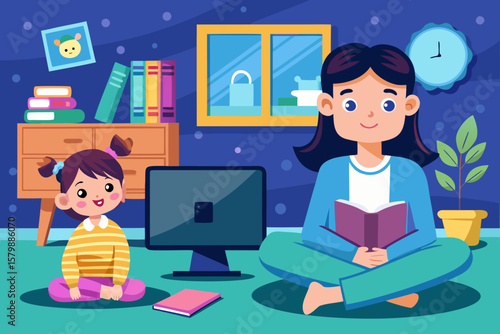 Girl in pajamas sits on floor listening to mother reading fairy tales, ignoring monitor, surrounded by colorful books and cozy home atmosphere with copy space