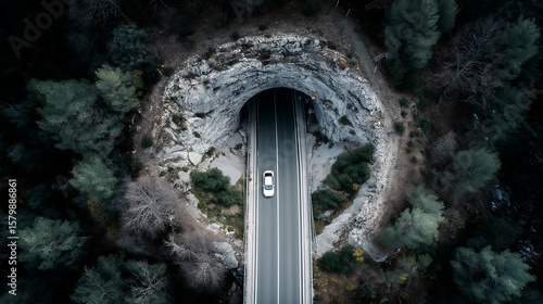 Car Entering Tunnel Through Mountain Road
