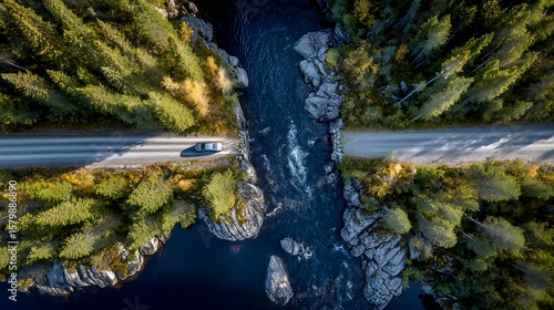 River Road Aerial View with Car and Rock Formations